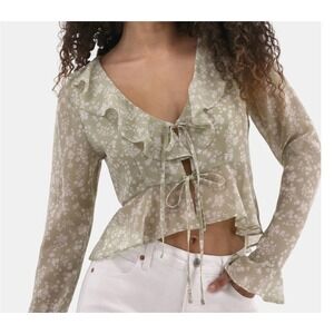 Women Crop M Floral Ruffle Woven Sheer Top Festival Romantic Peasant Cottagecore